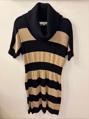 LOFT Black and Camel Striped Cowl Neck Sweater Dress